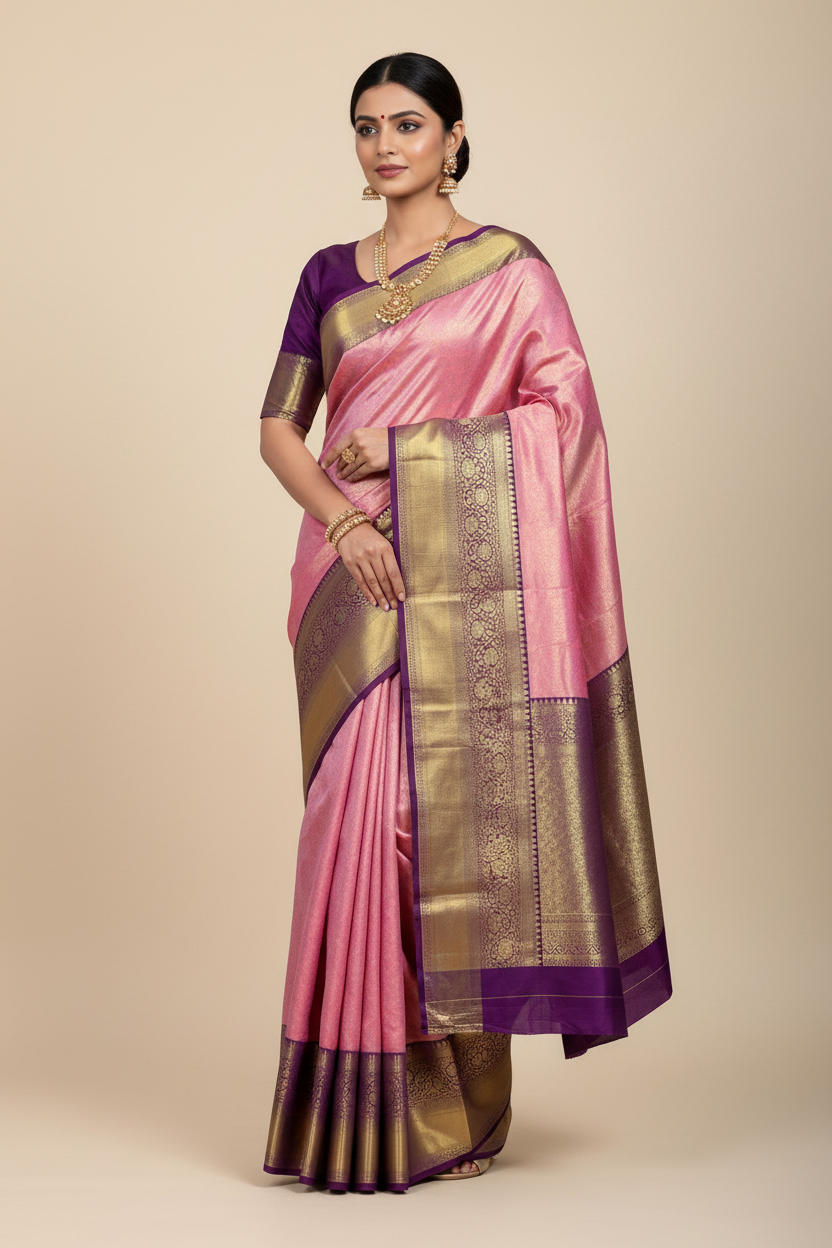 Fancy Tissue Saree Baby Pink Colour with Magenta Colour Floral Design Border