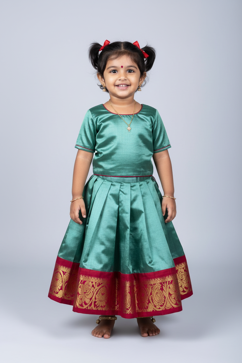 Greyish Blue Shade Pure Kanchipuram Kids Pattu Pavadai with Contrast Border for age 2 to 5