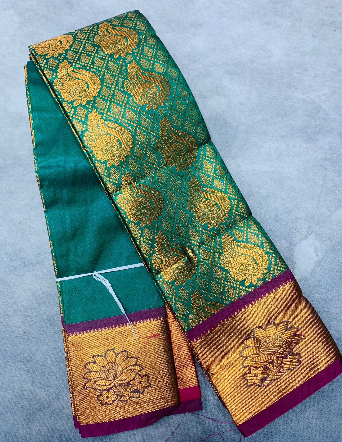 Vegan Silk Saree Rama Green Colour with Copper and Magenta Border