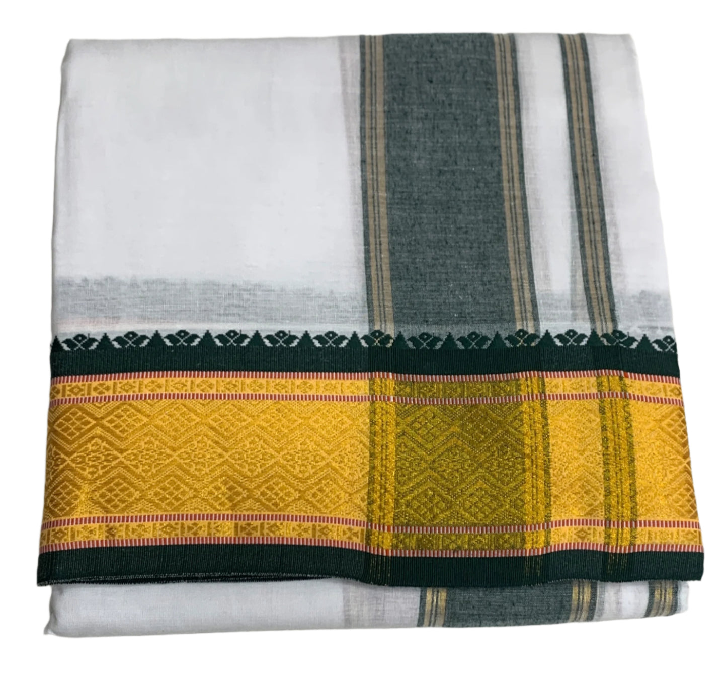 9X5 Cotton Dhoti White Yellow and Green Border with Angavastram