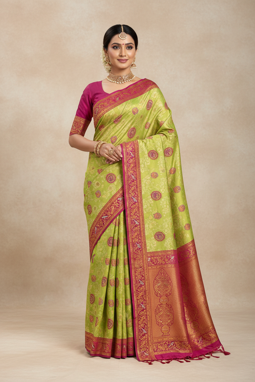 Fancy Tissue Saree Olive Green Colour with Magenta Border