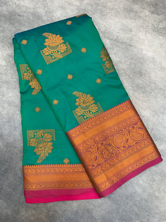 Soft Silk Casual Saree Rama Green Colour with Pink and Golden Colour Border