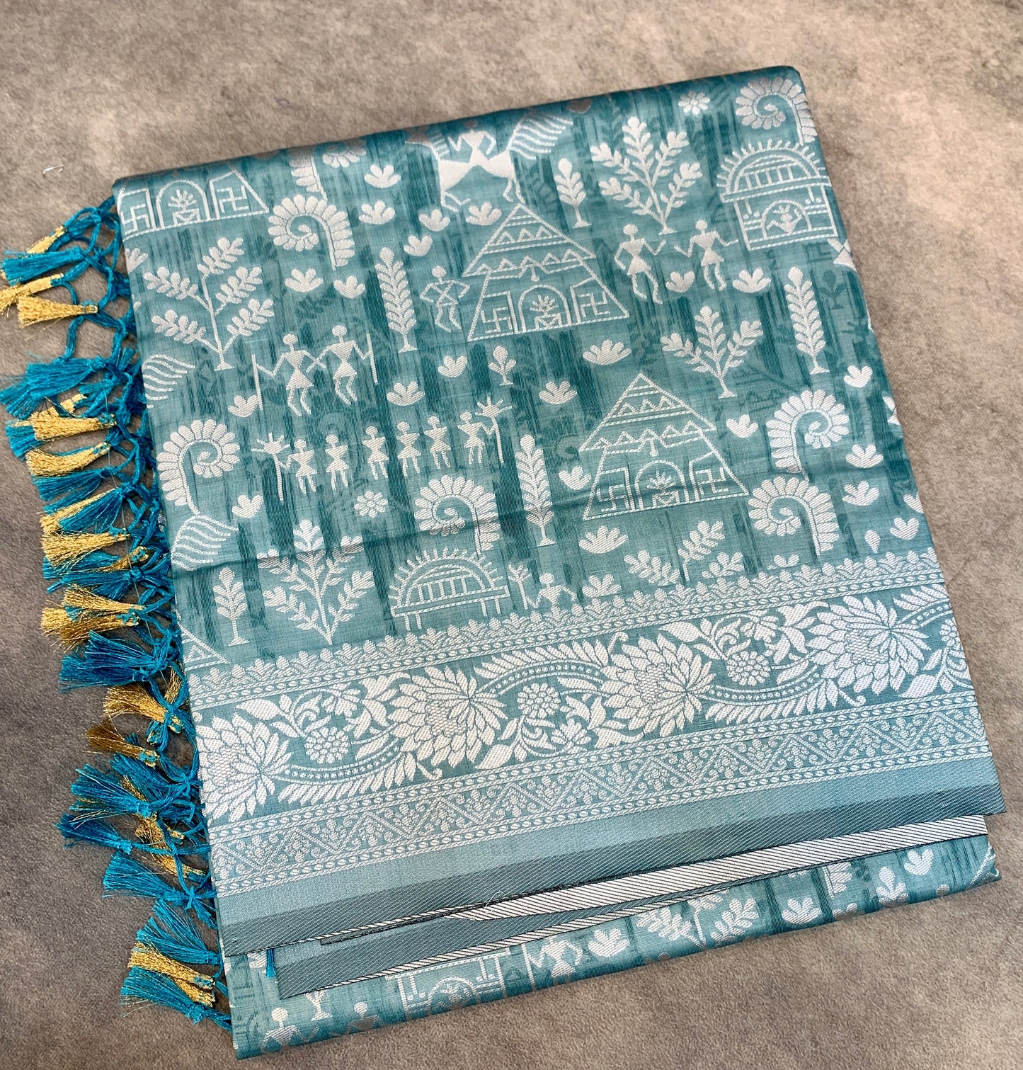 Banaras Katan Saree Gray Blue Colour with Katan Work Border