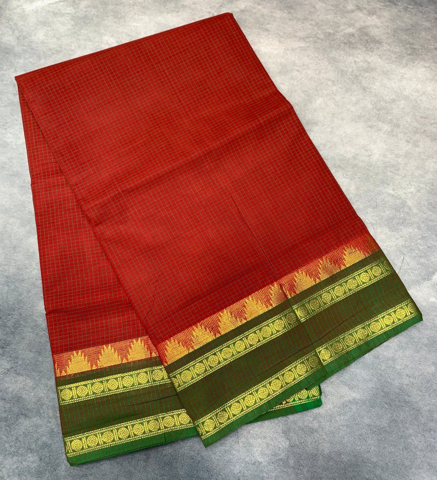 Chettinad Cotton Saree Red Colour with Rettai Pettu Border