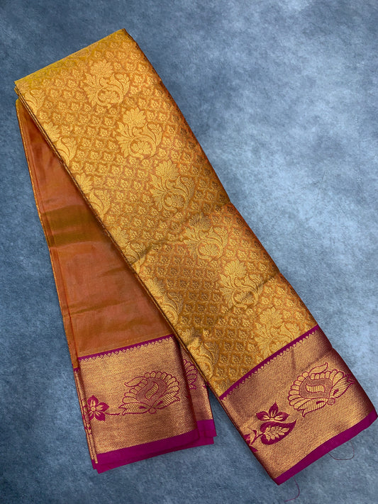 Vegan Silk Saree Golden Yellow Colour with Copper and Pink Border
