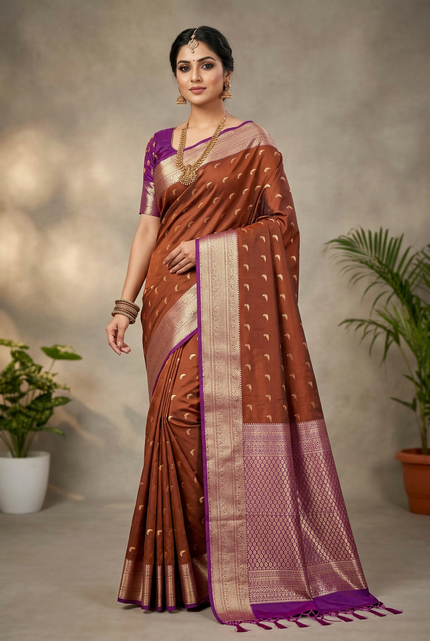 Art Silk Saree Brown Colour with Purple Colour Border