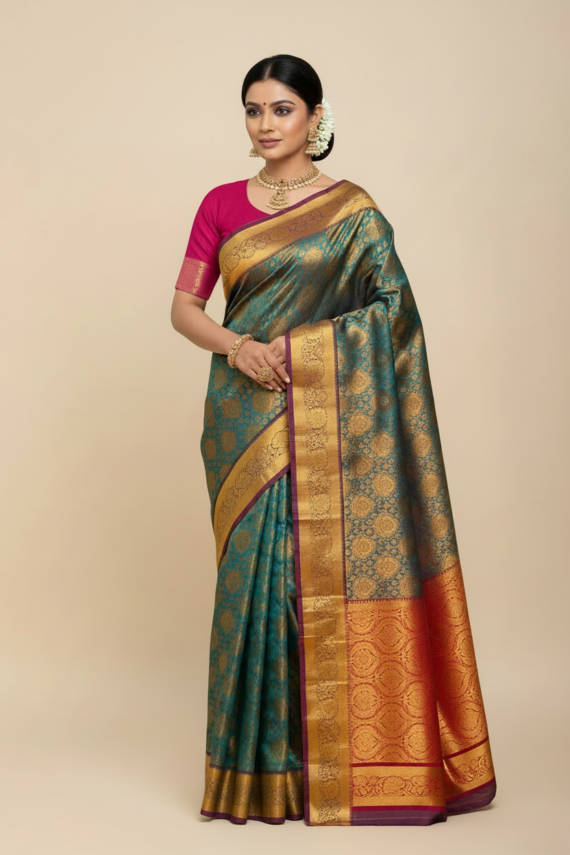 Bridal Vegan Silk Saree Pastel Green shade with Purple Border with Unstitched blouse in Aari work