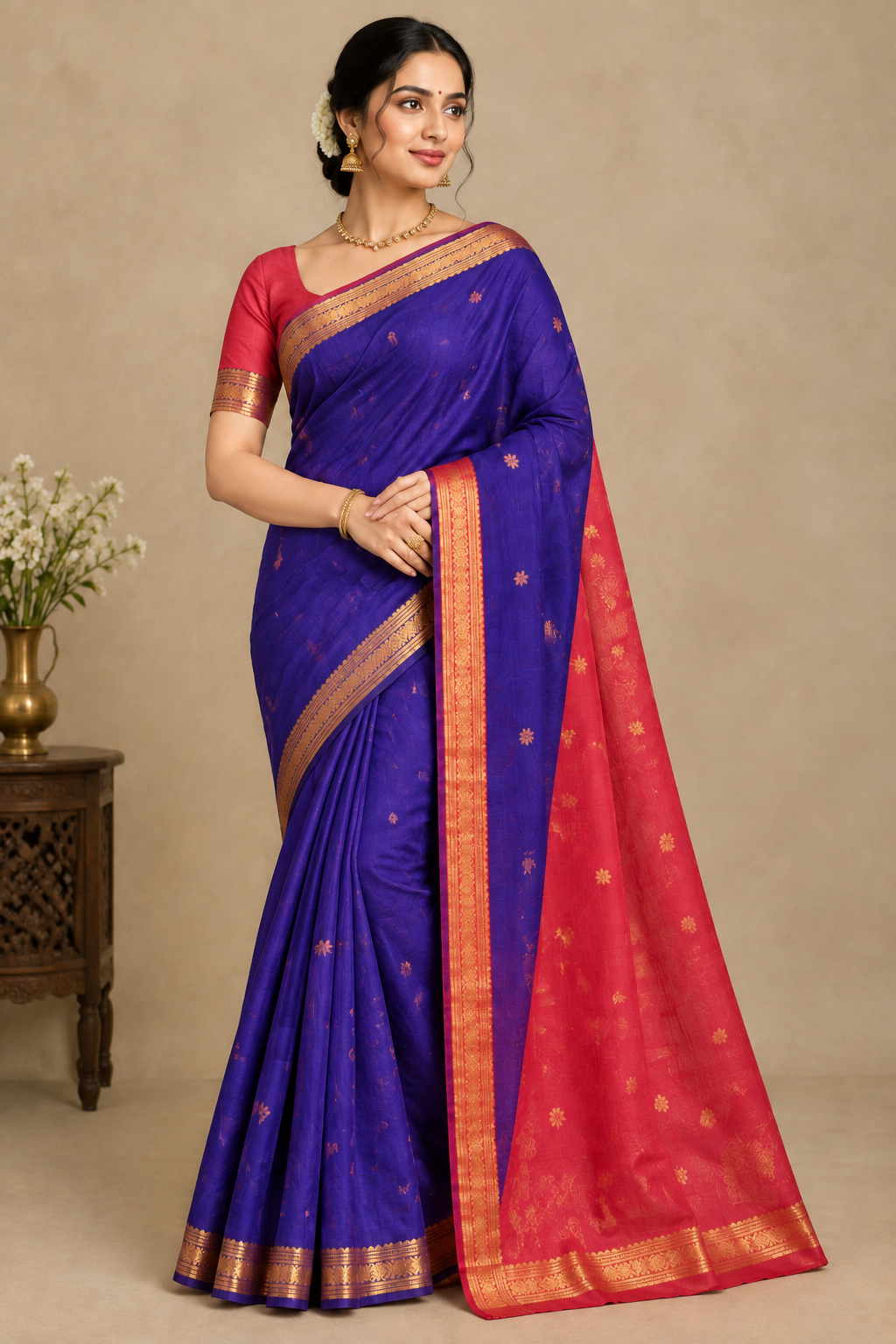 Violet Colour Silk Cotton Saree with Copper Zari Border
