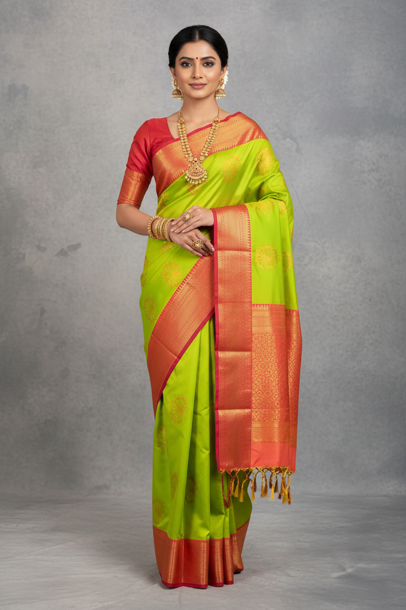 Soft Vegan Silk Saree Light Green Colour with Peach and Copper Border