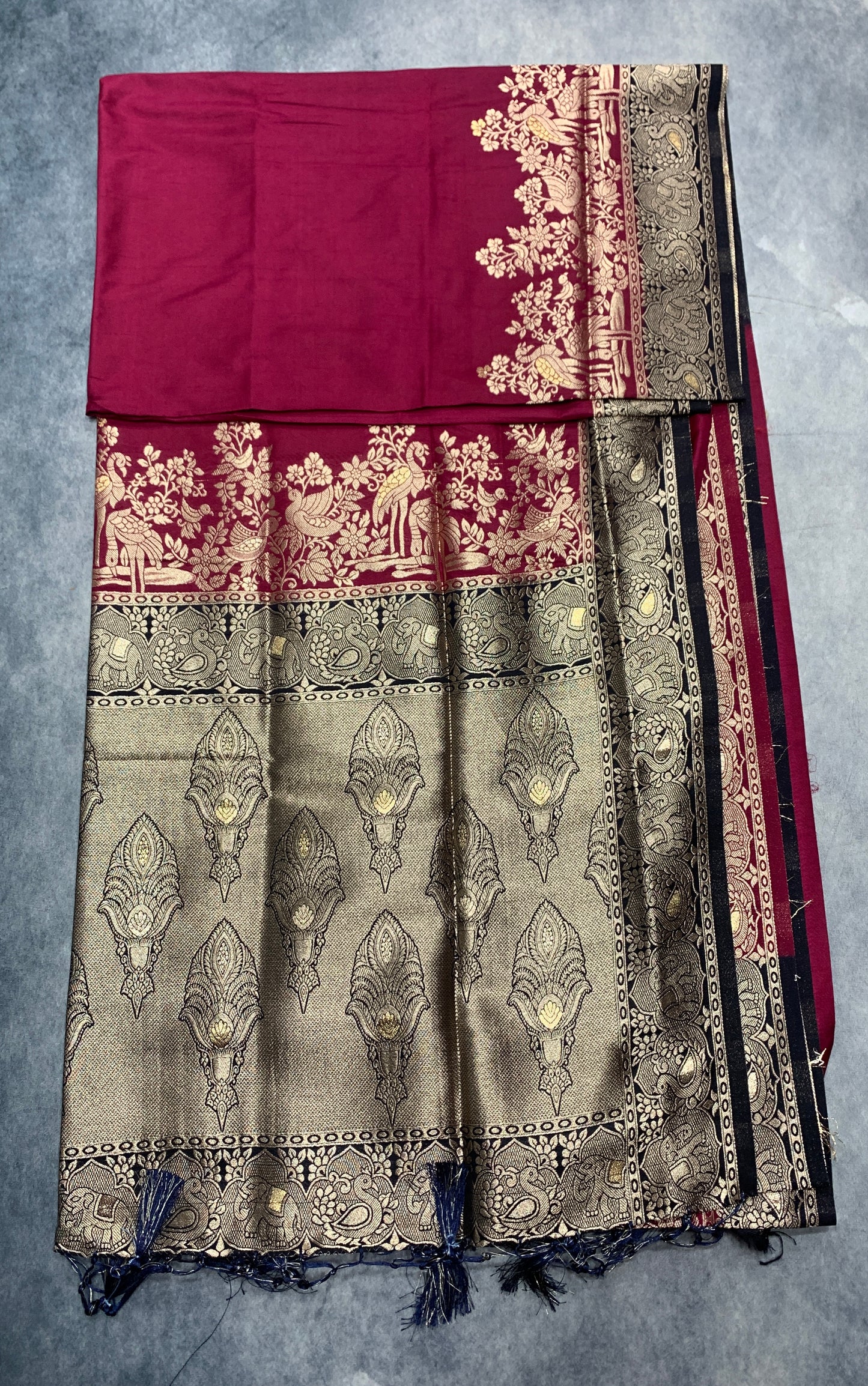 Soft Silk Casual Saree Dark Pink Colour with Navy Blue Colour Border