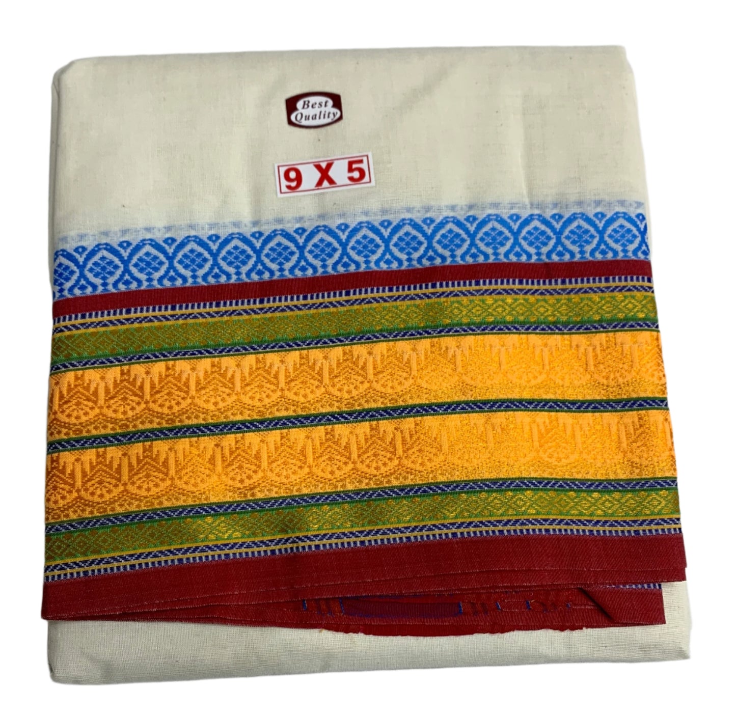 9X5 Cotton Unbleached Dhoti Multi Colour Border with Angavastram
