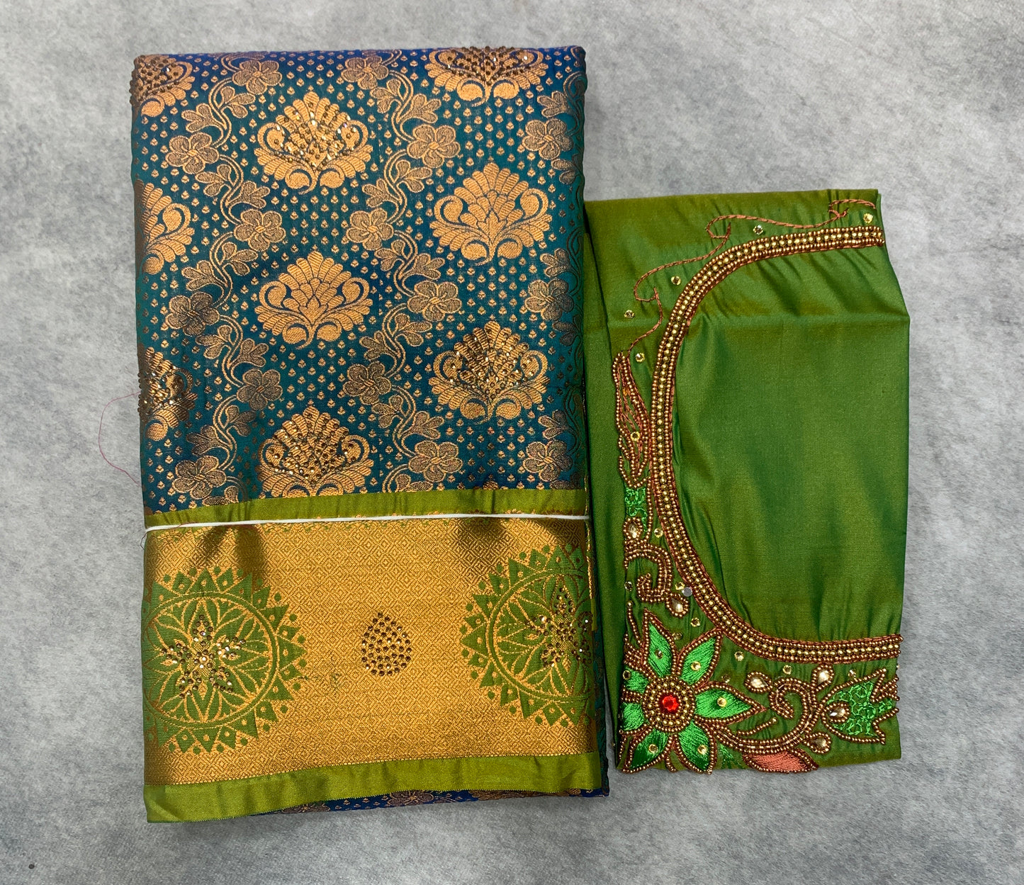 Bridal Vegan Silk Saree Peacock Green shade with Light Green Border with Unstitched blouse in Aari Work