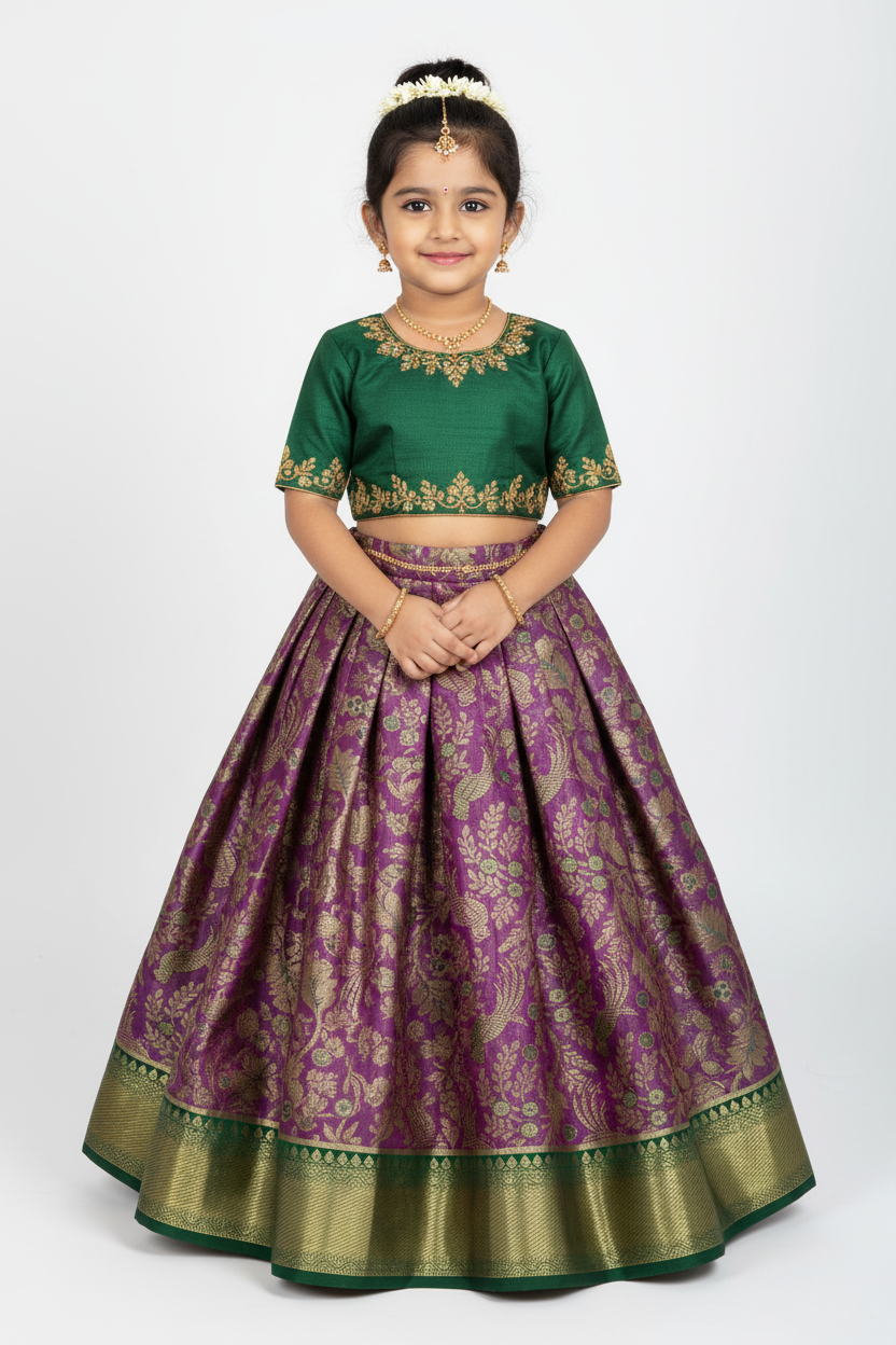 Lavender Shade Vegan Silk Kids Pattu Pavadai with Contrast Border for age 2 to 5
