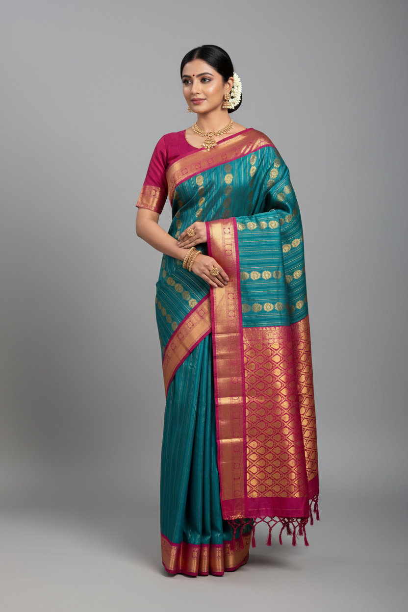 Vegan Silk Saree Teal Green Colour Saree with Pink Colour Contrast Border