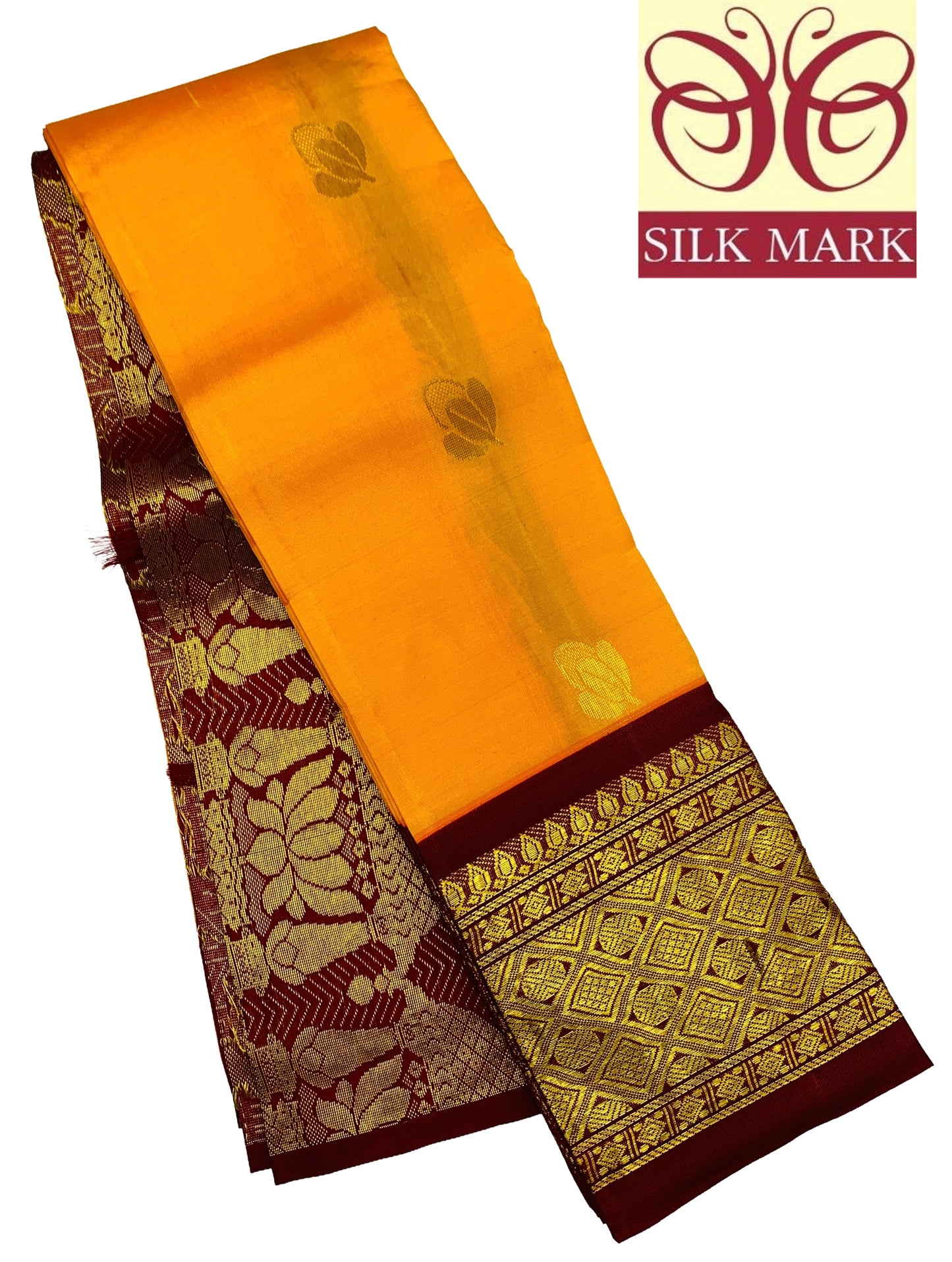 Pure Kanchipuram Silk Saree Mango Yellow Colour with Maroon and Gold Zari Border