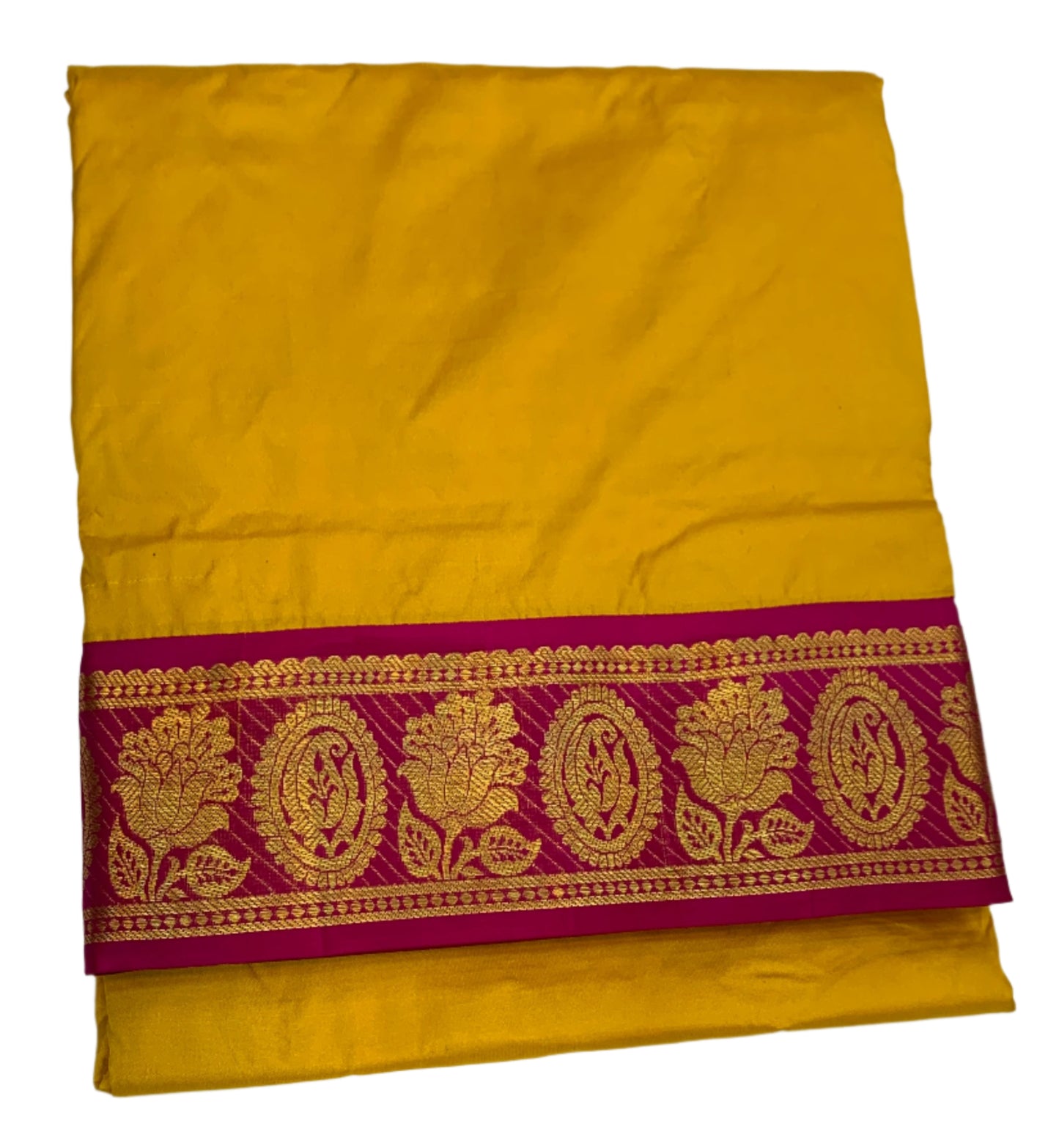9 yards Pure Kanchipuram Silk Saree Mango Yellow Colour with Pink Border