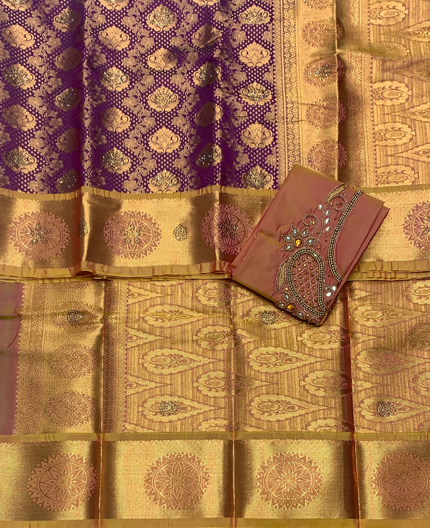 Bridal Vegan Silk Saree Beetroot Pink shade with Golden Yellow Border with Unstitched blouse in Aari Work