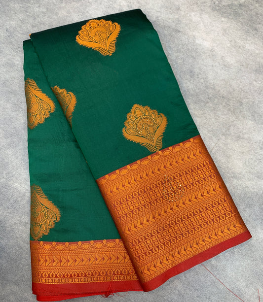 Soft Silk Casual Saree Green Colour with Maroon and Golden Colour Border