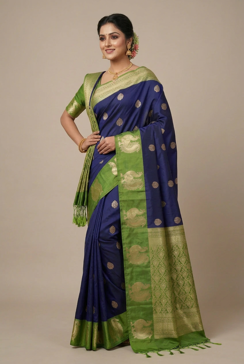 Art Silk Saree Navy Blue Colour with Olive Green Colour Border