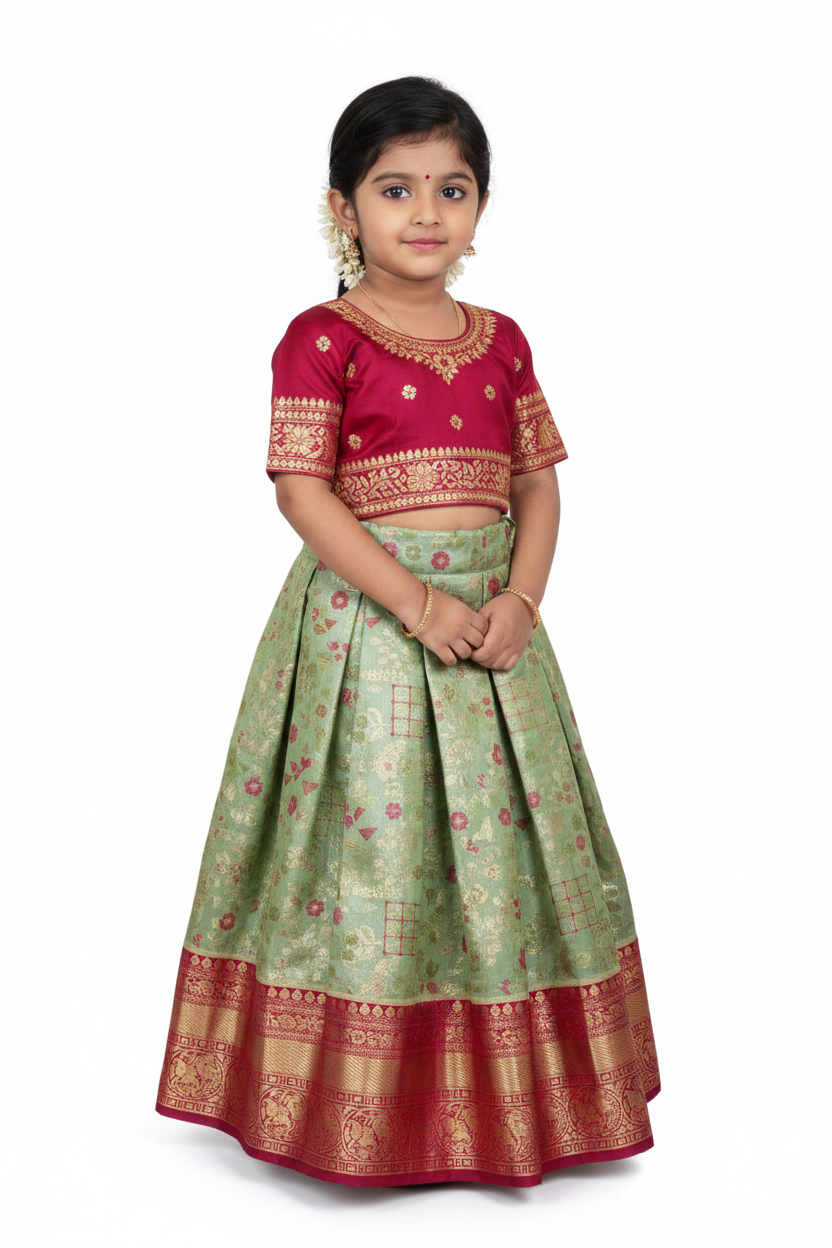 Light Pista Green Shade Vegan Silk Kids Pattu Pavadai with Contrast Border for Newborn to 2 Years