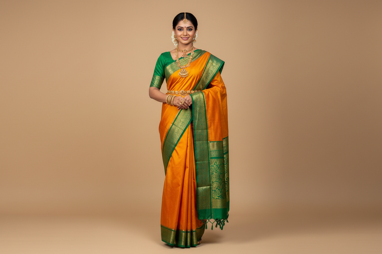 Pure Kanchipuram Silk Yellow Colour with Green Border