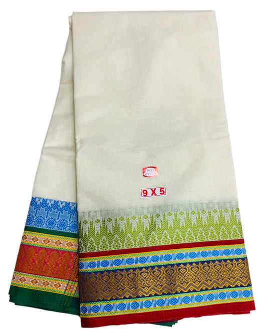 9X5 Cotton Unbleached Dhoti Multi Colour Border with Angavastram