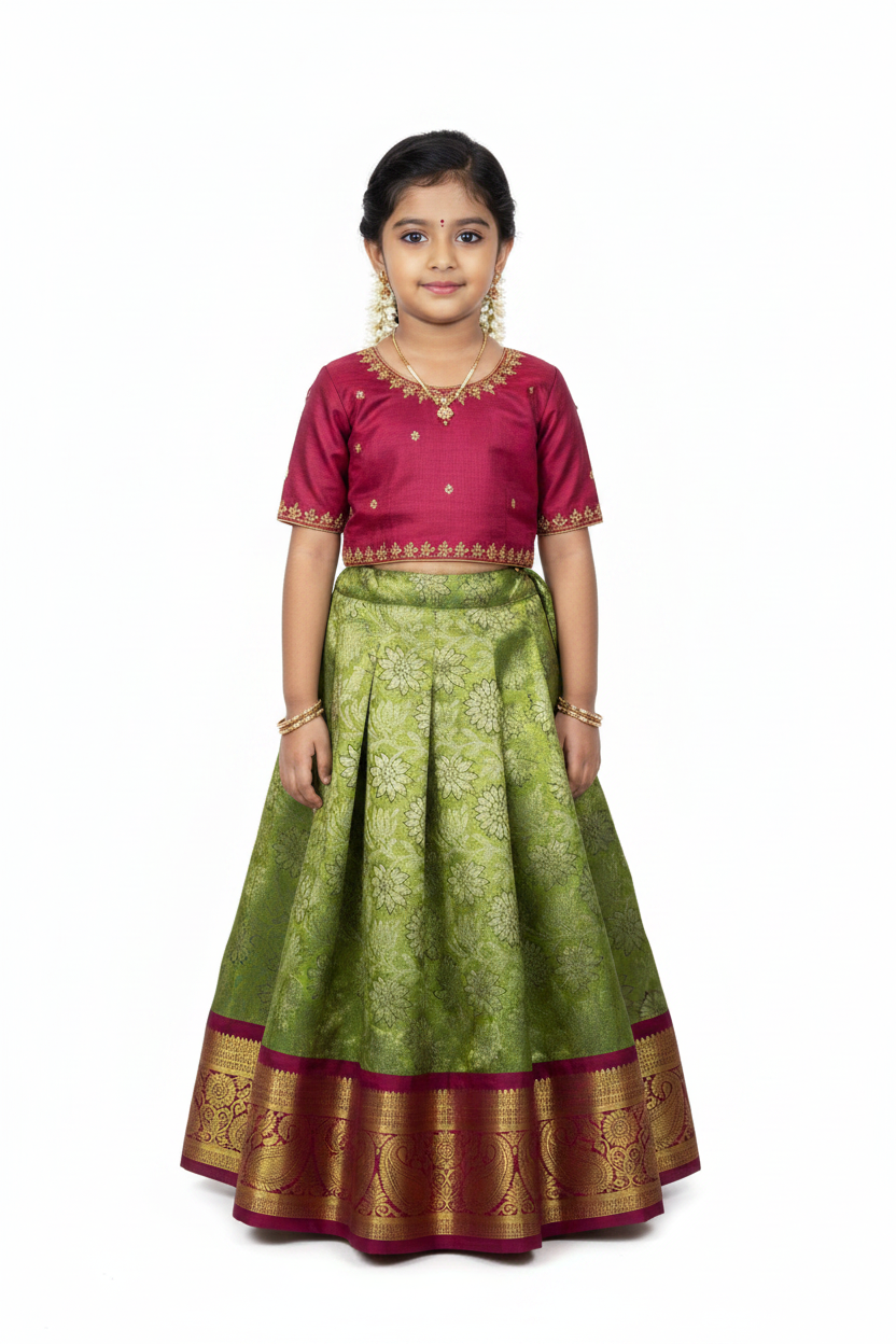 Golden Shade Vegan Silk Kids Pattu Pavadai with Contrast Border for age 2 to 5