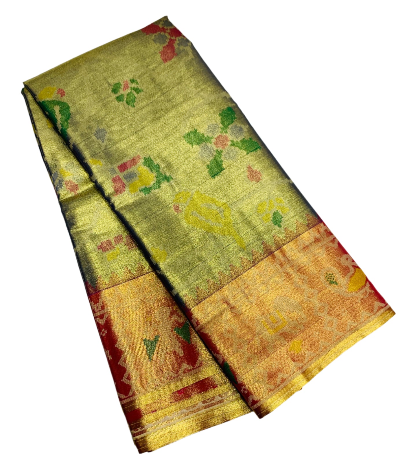 Pochampalli Tissue Silk Saree Golden Gray Colour with Golden Orange Border