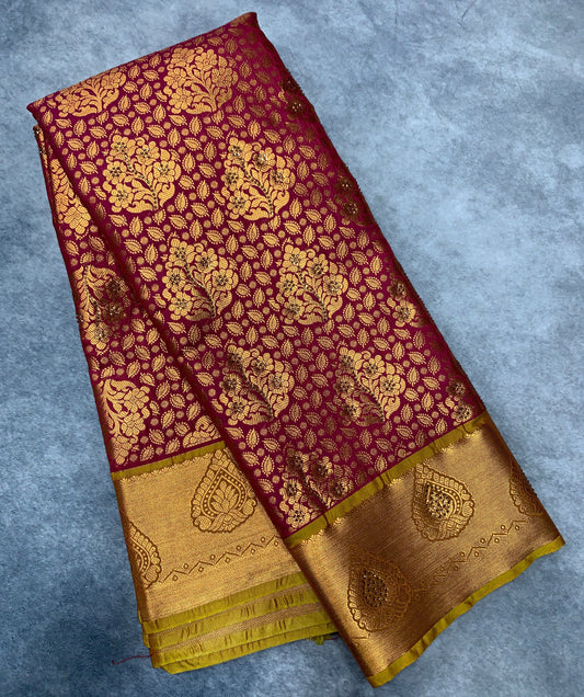 Vegan Silk Saree Maroon Colour with Copper and Golden Yellow Border