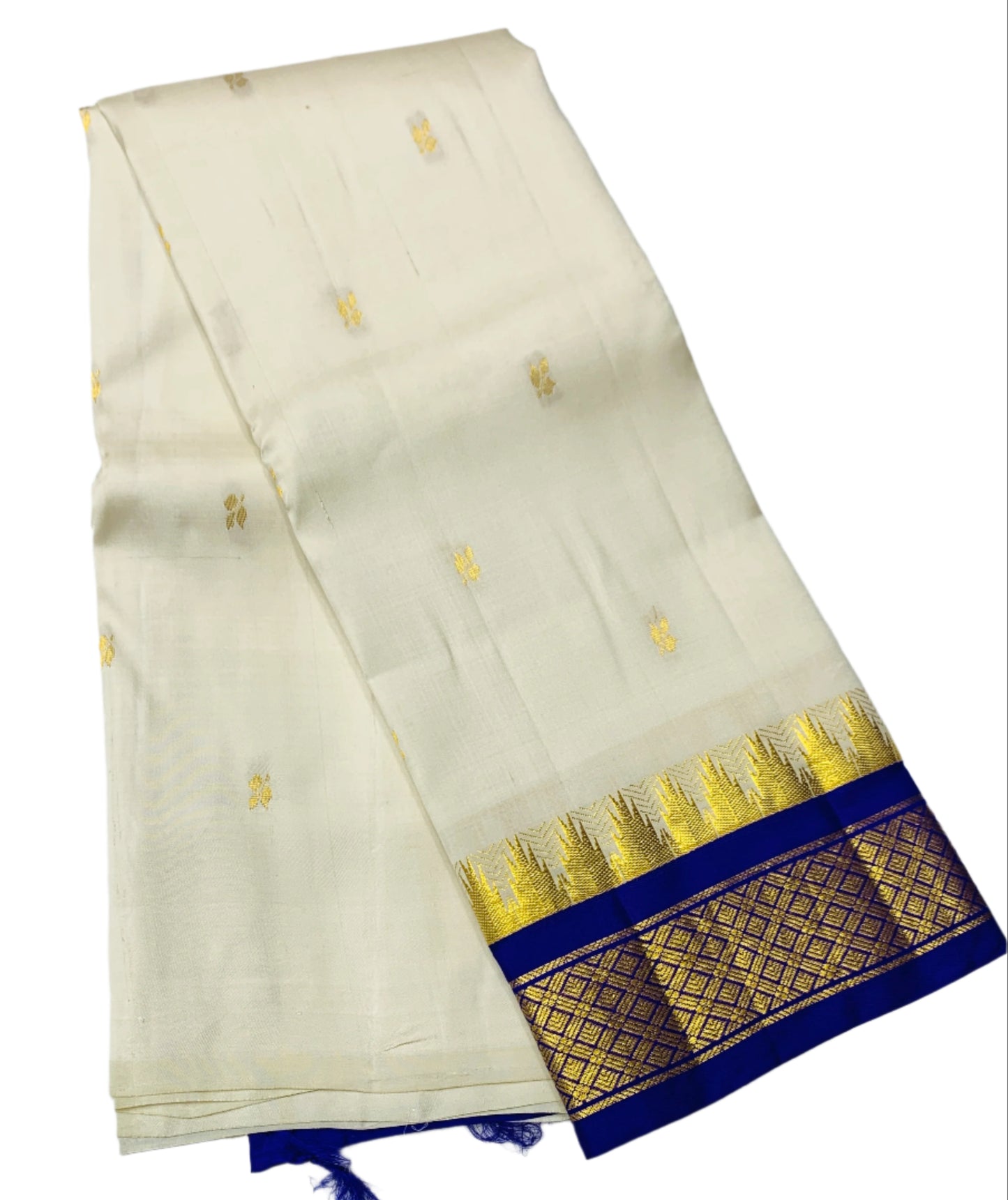Pure Kanchipuram Silk Saree White Colour with Blue Border