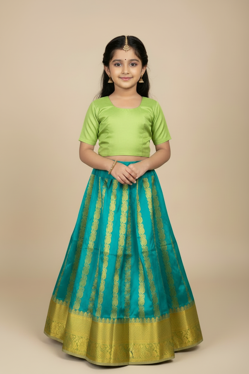 Green shad Pure Kanchipuram Kids Pattu Pavadai with Contrast border for age 5 to 10