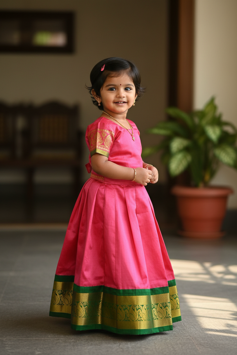 Peachish Pink Shade Pure Kanchipuram Kids Pattu Pavadai with Contrast Border for age 2 to 5
