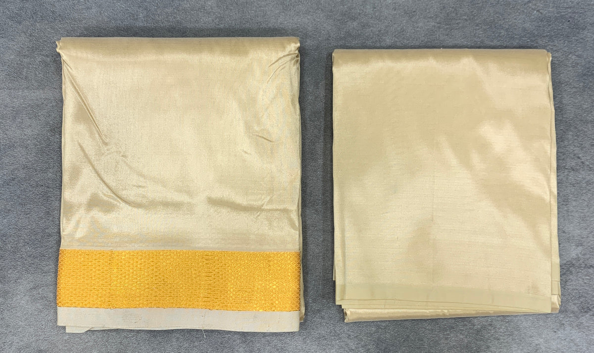 Pastel Light Golden Pattu Dhothi and Shirt Material Combo