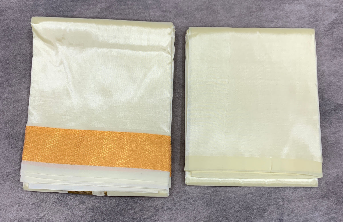 Pastel Cream Colour Pattu Dhothi and Shirt Material Combo
