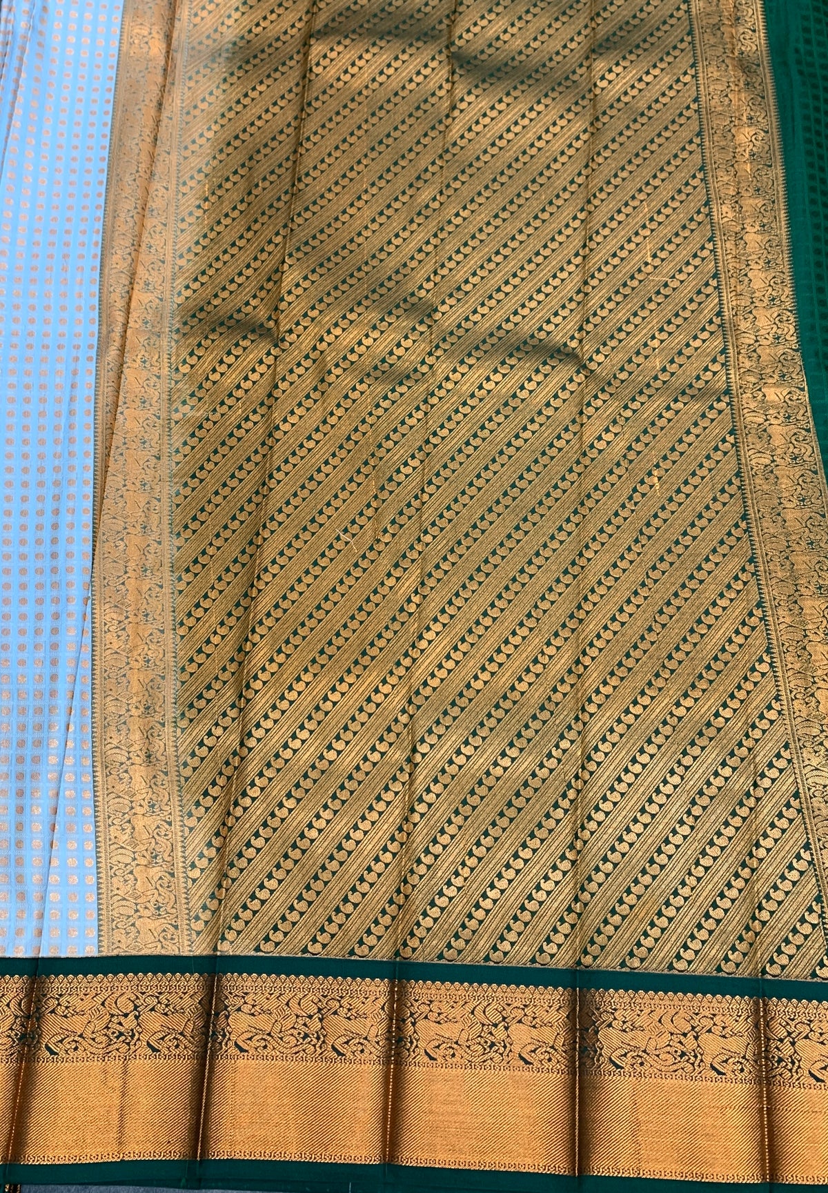 Soft Silk Casual Saree Ice Blue Colour with Green and Copper Zari Border