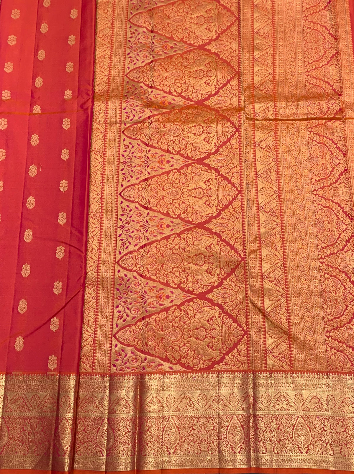 Pure Kanchipuram Silk Saree Peach Colour with Golden zari Border