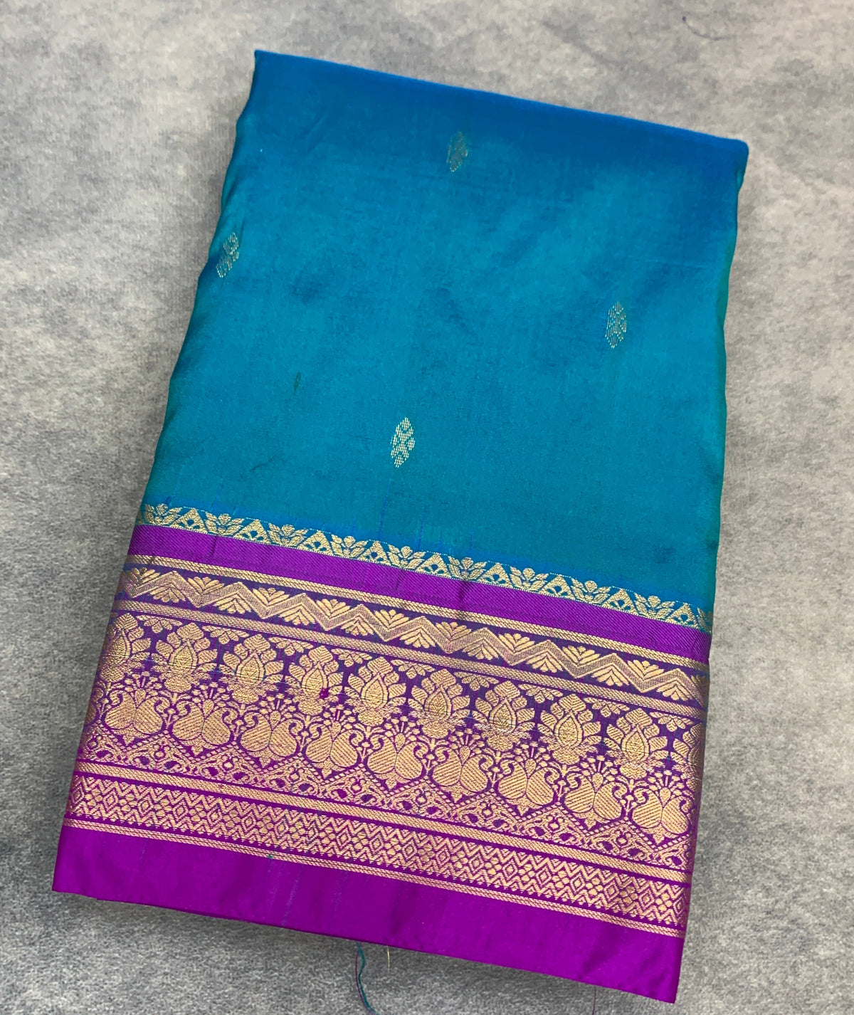 Pure Kanchipuram Silk Peacock Blue Colour with Magenta Color Border