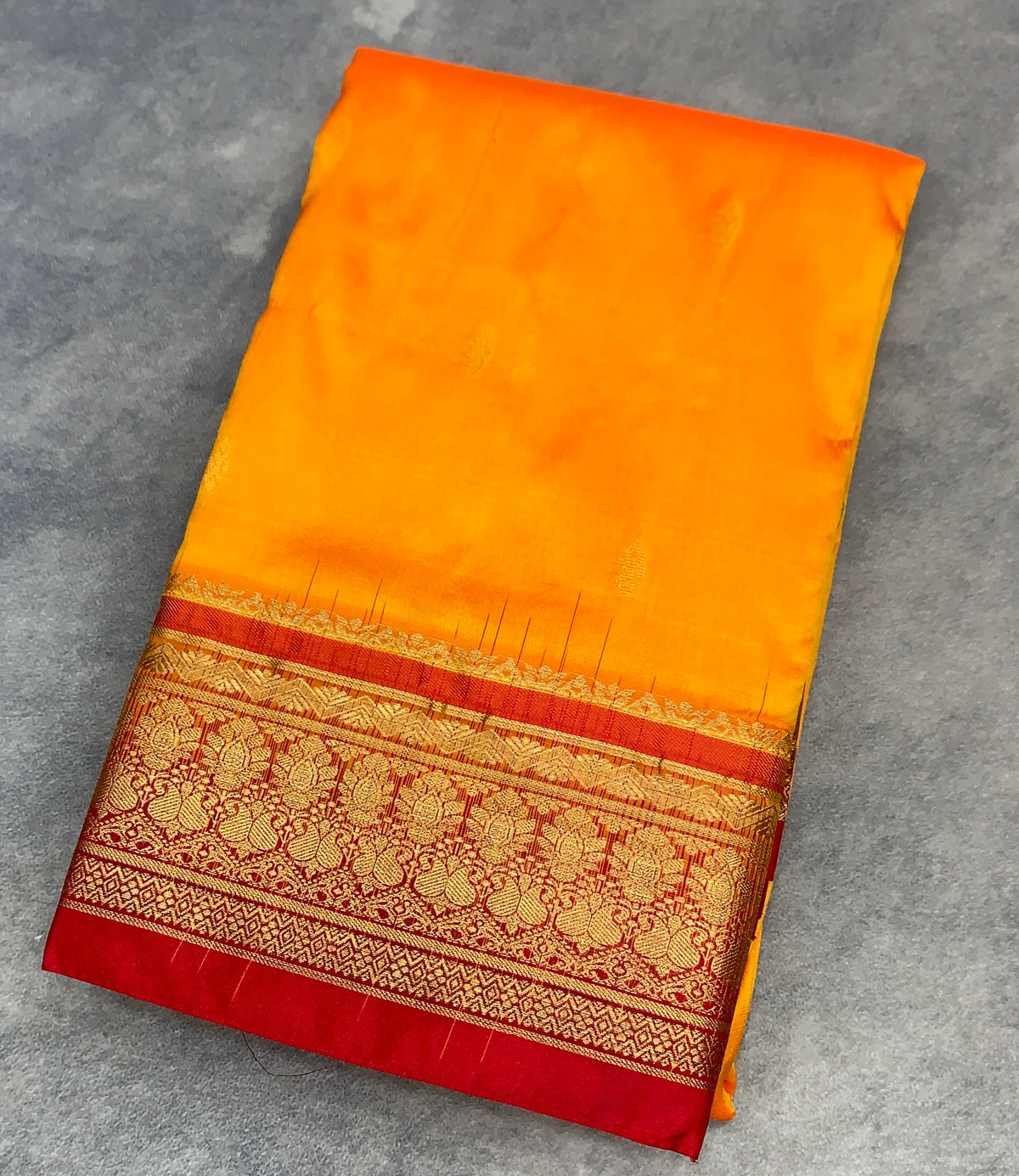 Pure Kanchipuram Silk Mango Yellow Colour with Red Colour Border