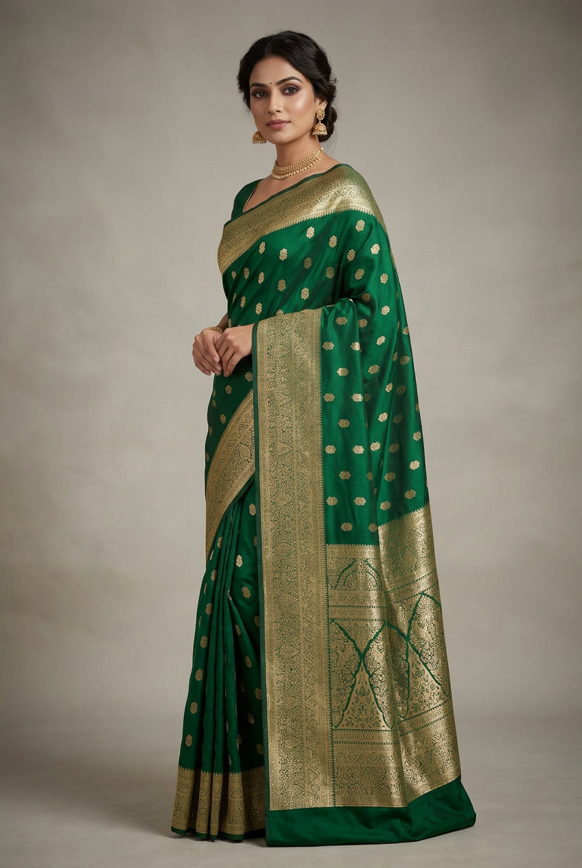 Pure Kanchipuram Silk Saree Emerald Green Colour with Golden zari Border