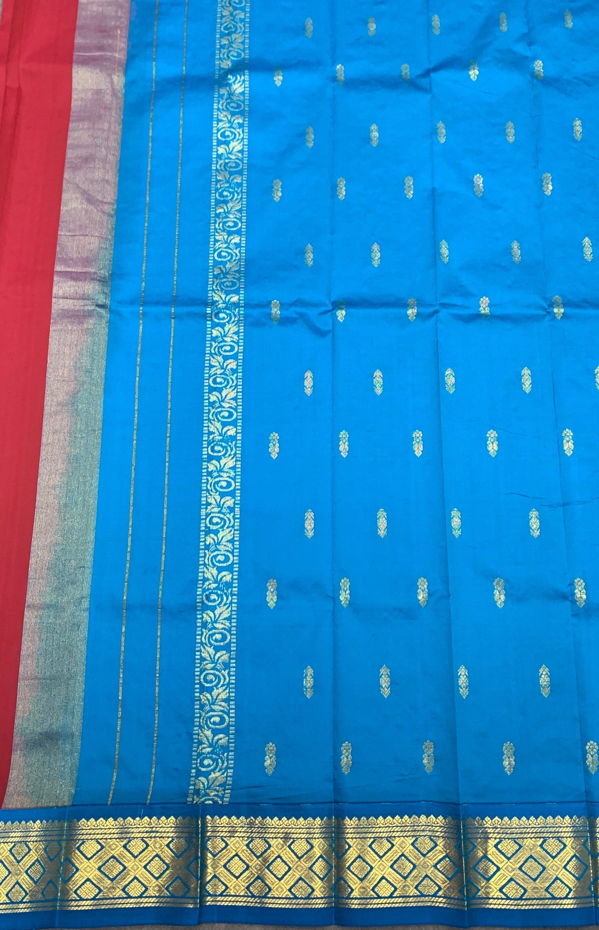 Semi Silk Saree Maroon Colour with Sky Blue and Gold Zari Border