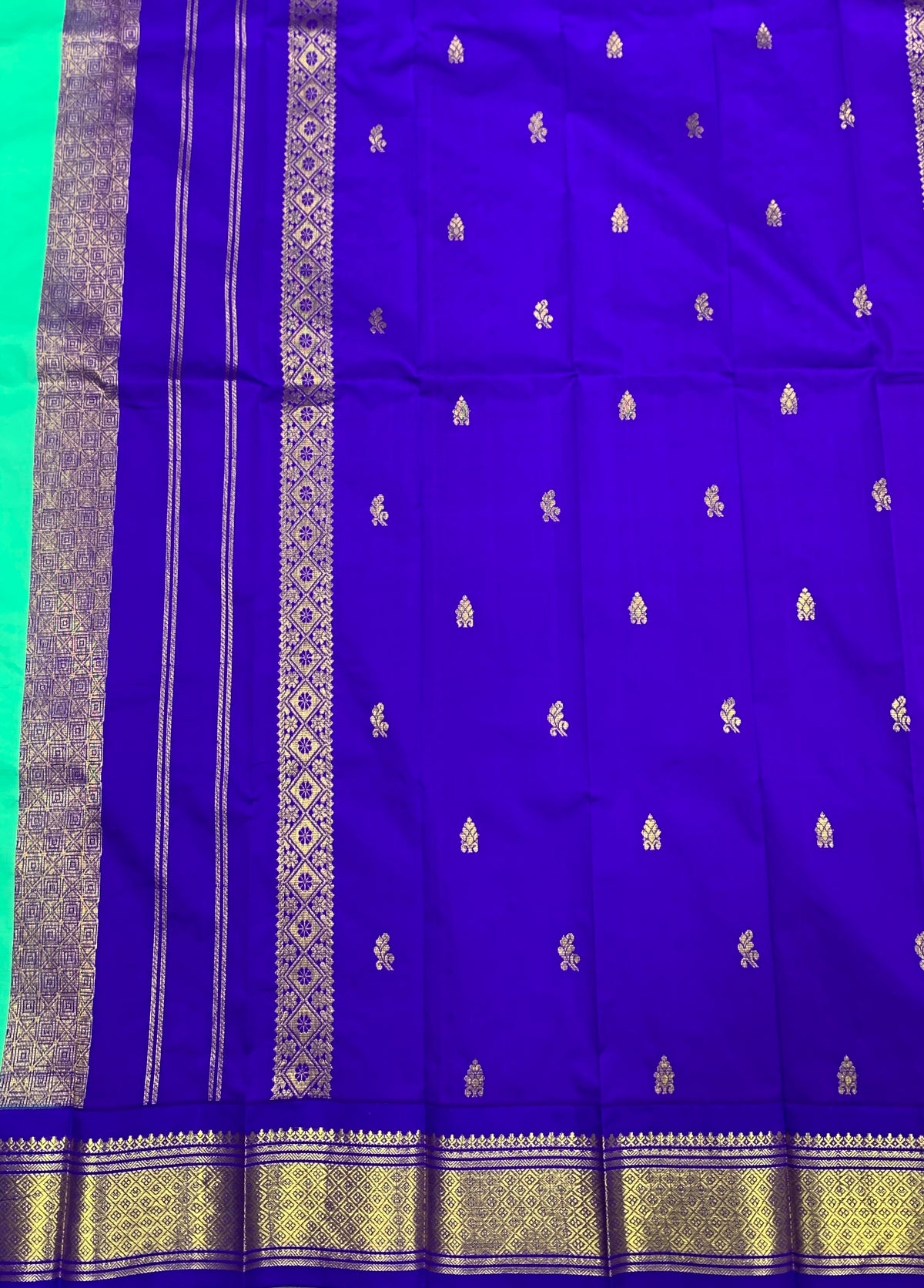 Semi Silk Saree Mint Green Colour with Blue and Gold Zari Border