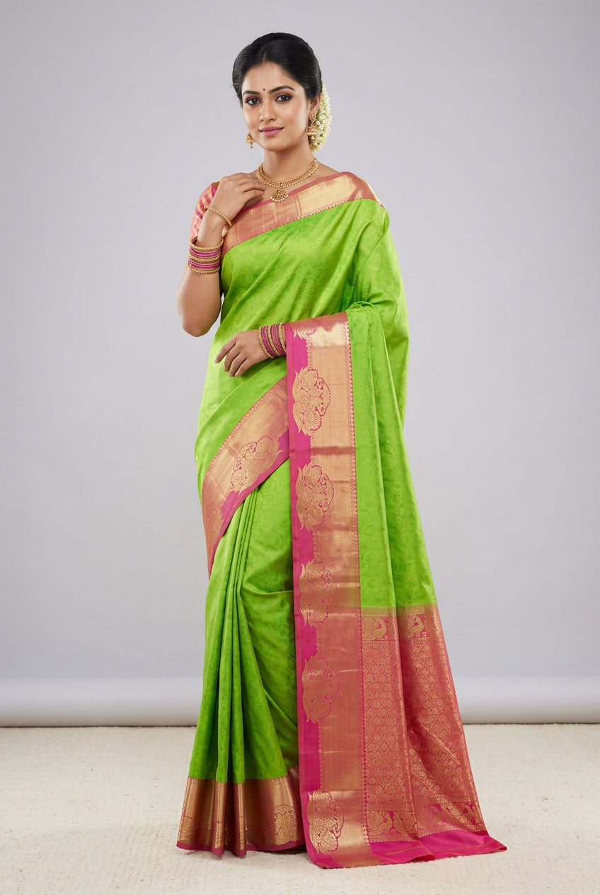 Poly Cotton Saree Apple Green Colour with Copper Border