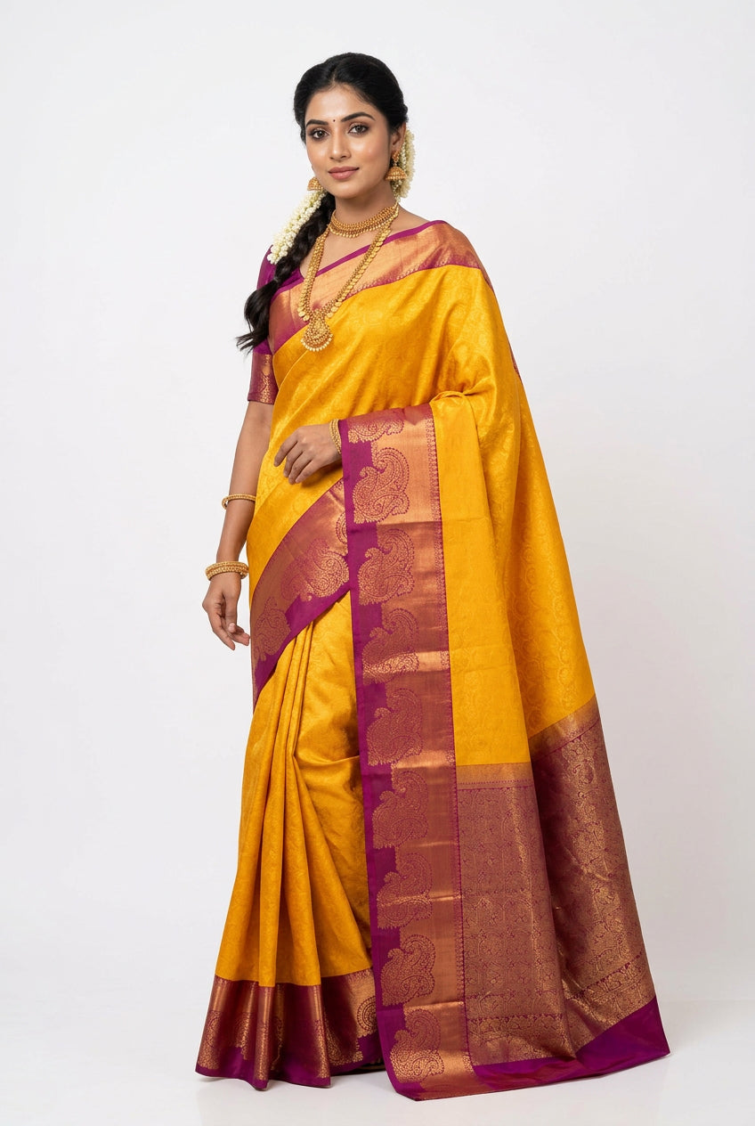Poly Cotton Saree Yellow Colour with Copper Zari Border