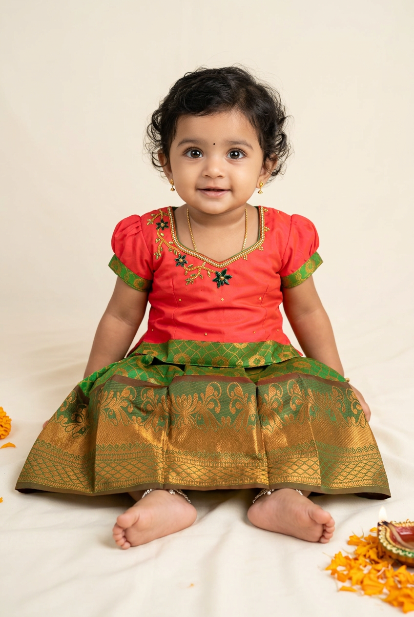 Ready To Wear Pavadai Light Green with Contrast Tomato Pink Blouse - 6 months Baby