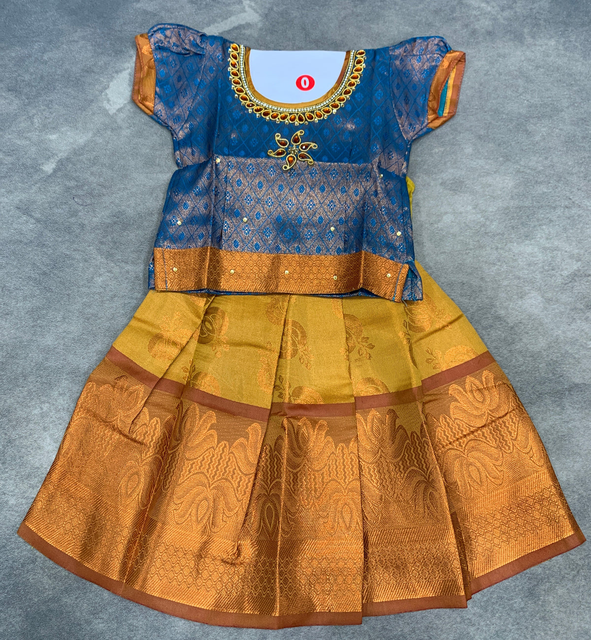Ready To Wear Golden Mustard Pavadai with contrast Sky Blue Blouse - 6 months Baby