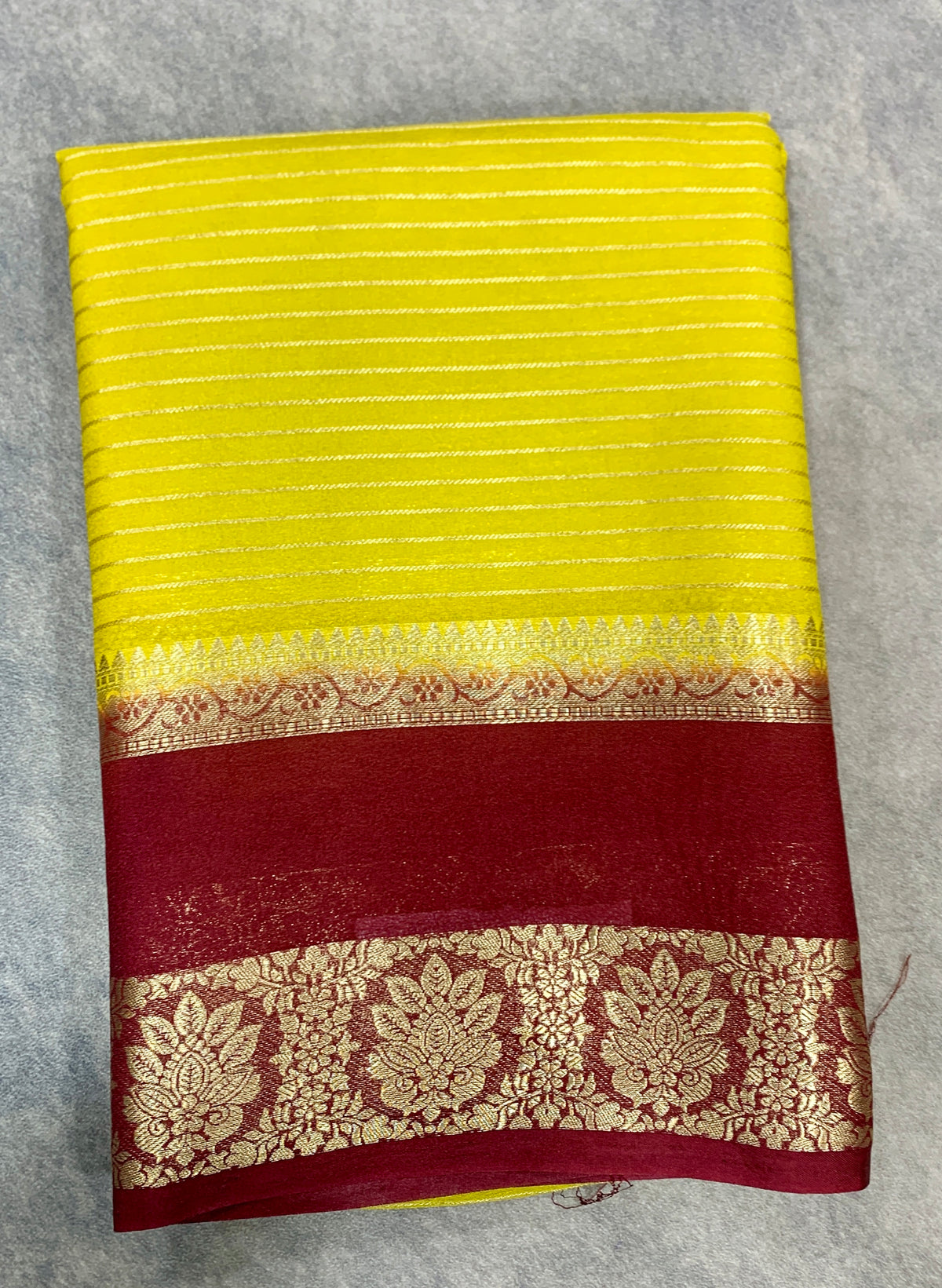 Crepe Silk Saree Lime Yellow Colour with Brown Colour Rettai Pettu Border