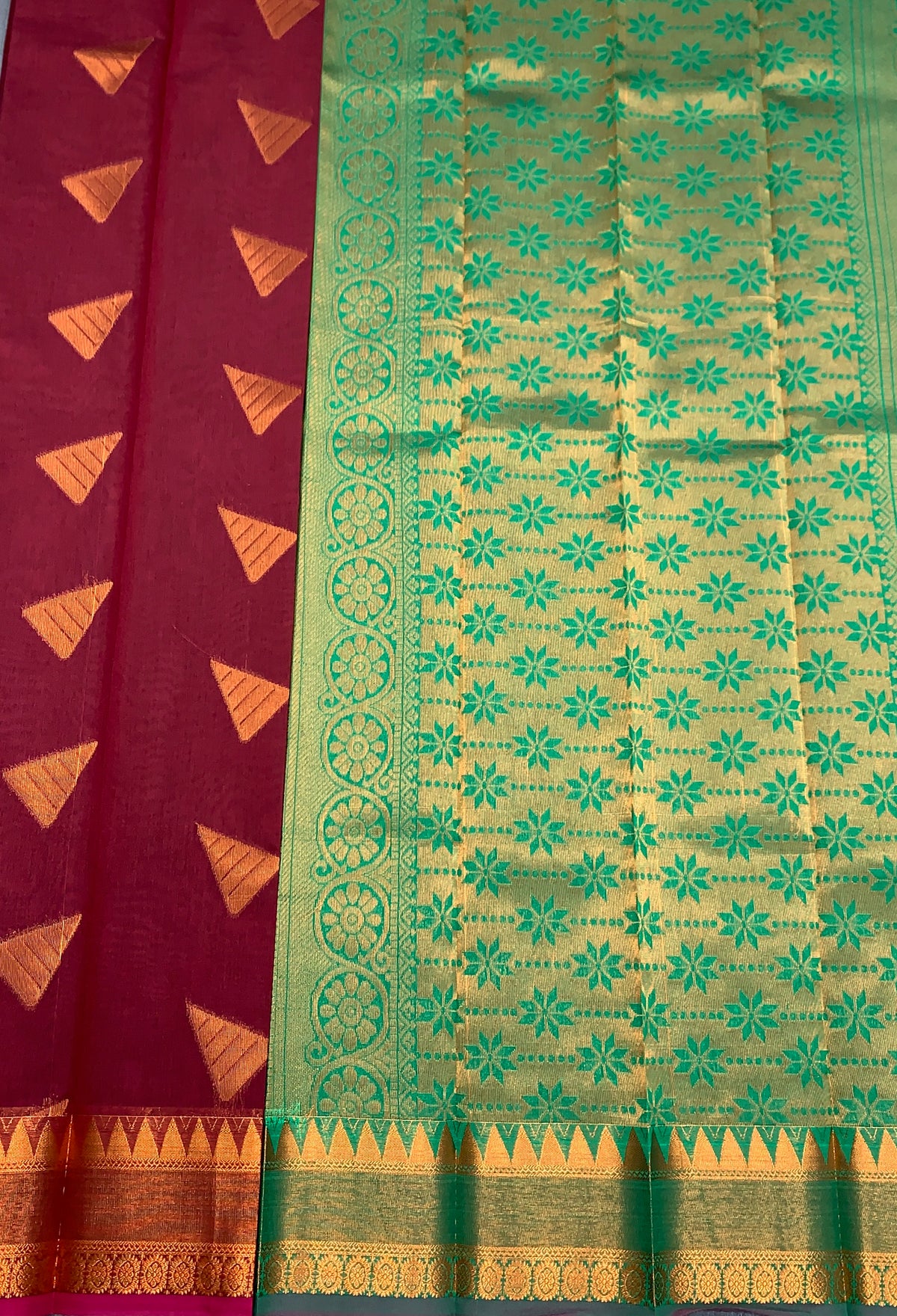 Maroon Colour Silk Cotton Saree with Copper Zari Border
