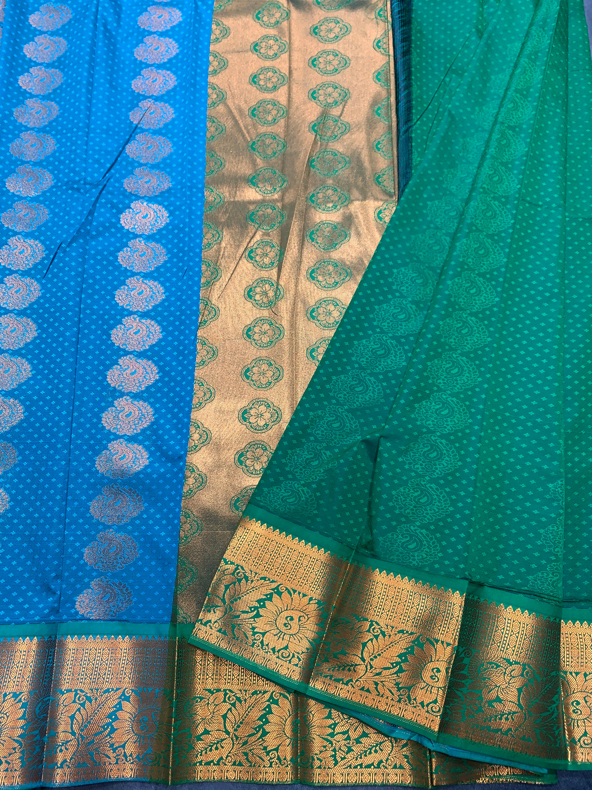 Vegan Silk Saree Rama Green Colour Saree with Copper Border