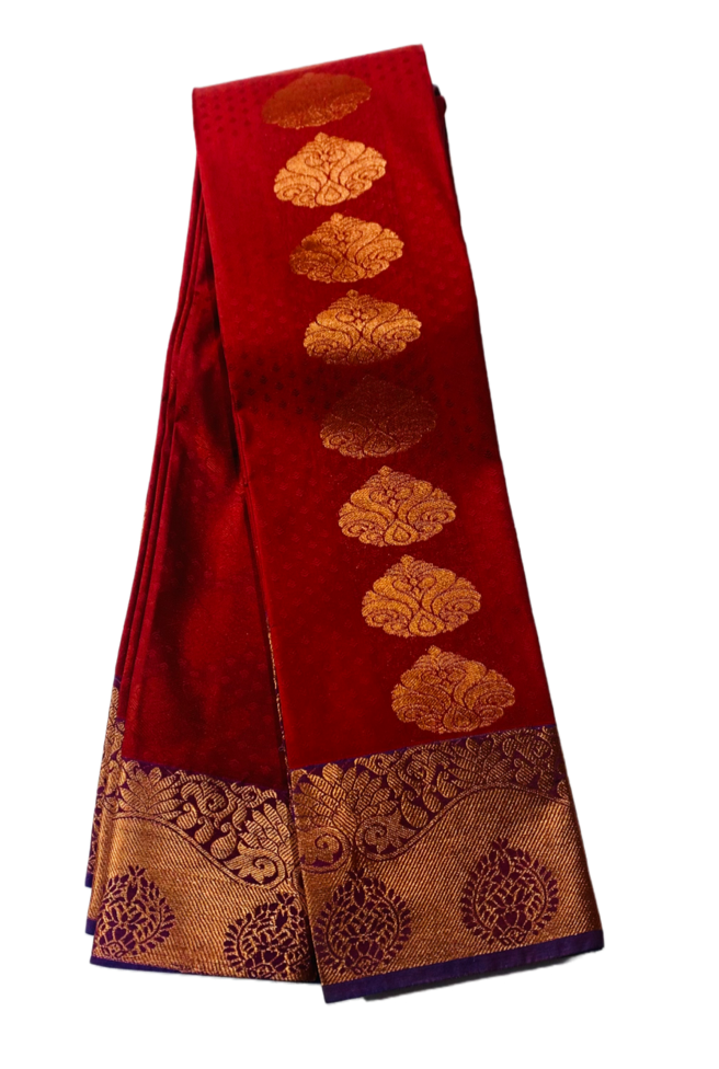 Maroon shade Soft kanchi pattu with Copper and Violet Border