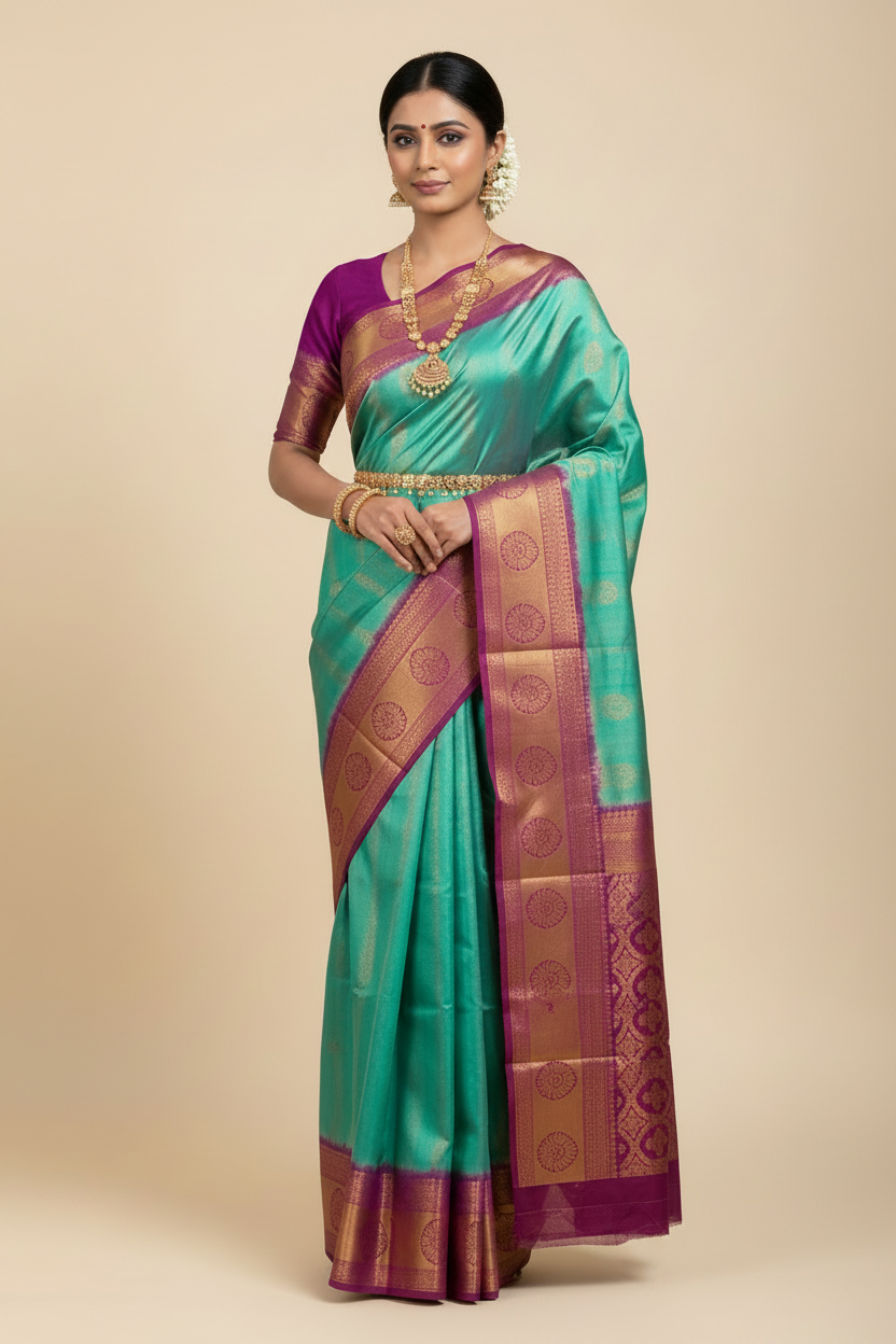 Soft Silk Saree Rama Green Colour with Magenta Pallu